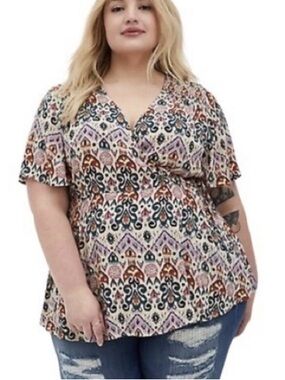 Torrid Wrap Top 1X Aztec Short Sleeve Boho Artsy Geometric Indie Peasant
